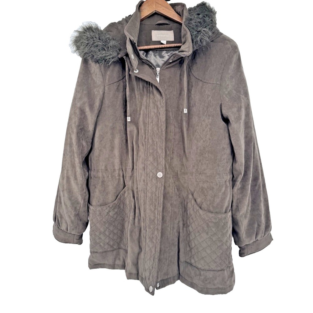 Croft & Barrow Coat XL Brown Hooded Fur Accent Pockets Zip Snap Parka winter